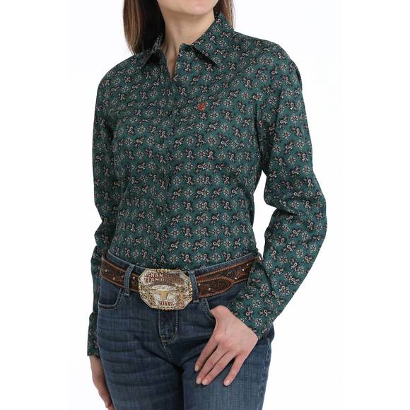 NEW CINCH women's long sleeve print shirt in green - Picture 1 of 3